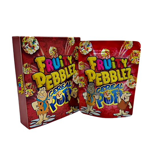 Mylar Bag Fruity Pebblez cereal pop packaging with cartoon characters on a white background