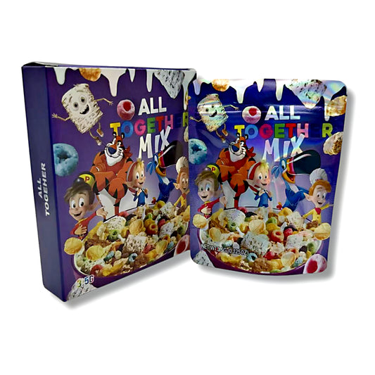 Mylar bags with box, herb Mylar Bags, Where to buy mylar bags, Custom mylar bags near me, Mylar Bags Wholesale. Two packages of 'All Together Mix' cereal with colorful characters and text on a white background.