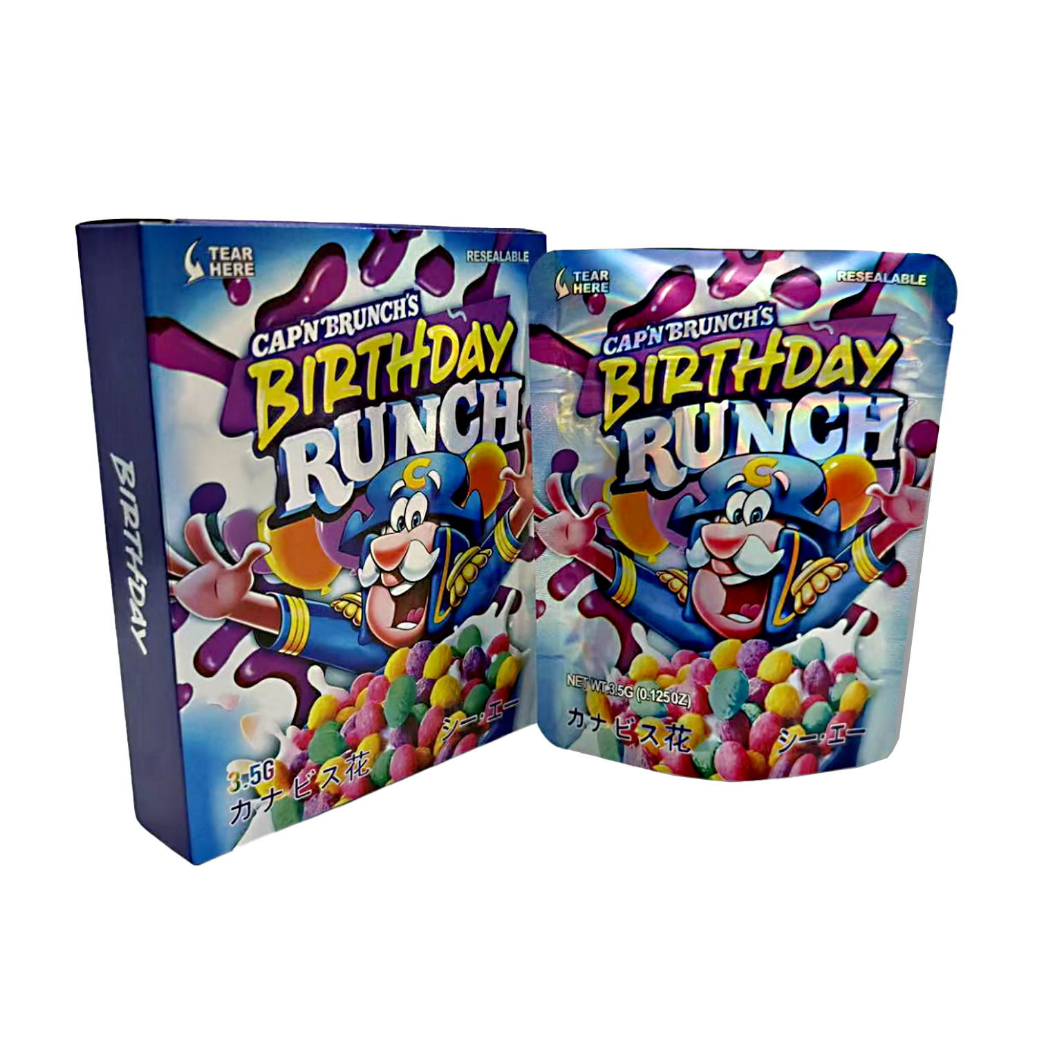 Mylar Bag Cap'n Brunch's Birthday Runch cereal packaging on a white background
