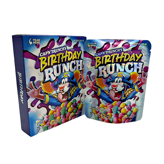 Mylar Bag Cap'n Brunch's Birthday Runch cereal packaging on a white background