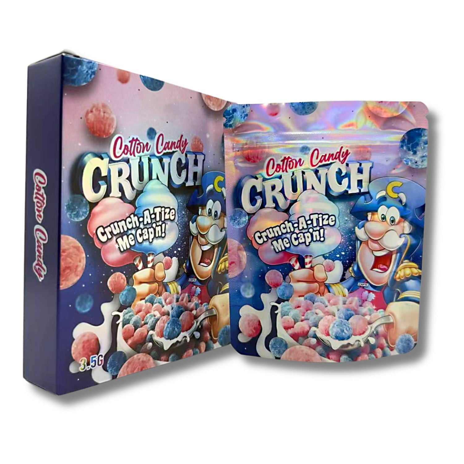 Mylar bags with box, herb Mylar Bags, Where to buy mylar bags, Custom mylar bags near me, Mylar Bags Wholesale. Cotton Candy Crunch candy packaging with colorful design and cartoon characters.