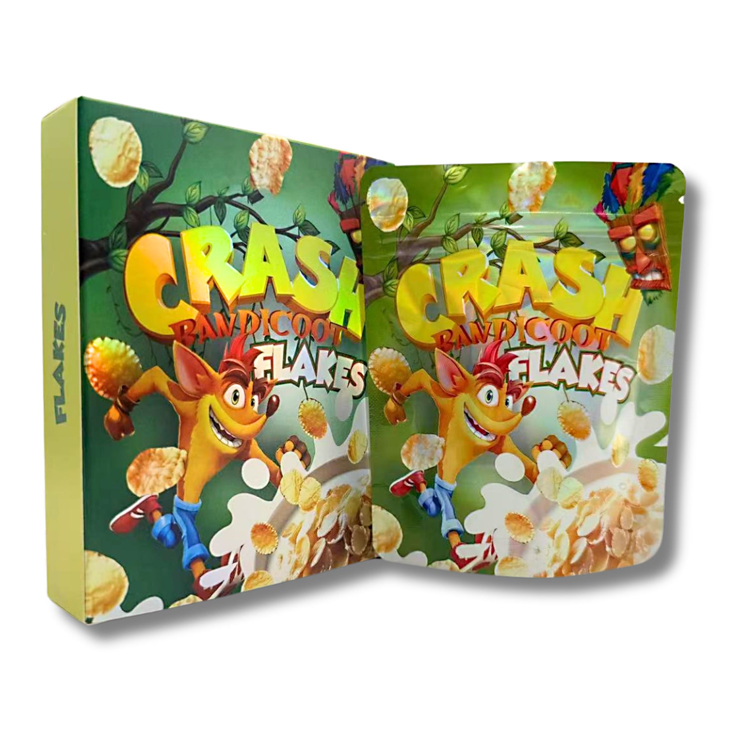 Mylar bags with box, herb Mylar Bags, Where to buy mylar bags, Custom mylar bags near me, Mylar Bags Wholesale. Crash Bandicoot Flakes cereal box with cartoon character on a white background