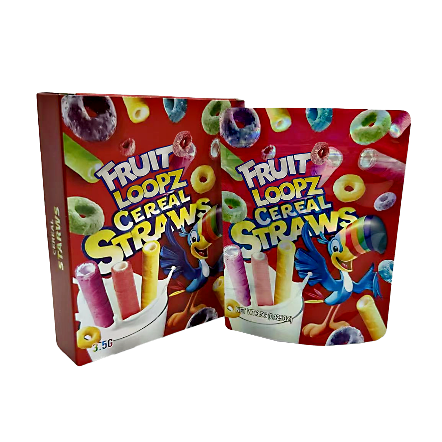 Two Mylar Bag packages of Fruit Loopz Cereal Straws on a white background