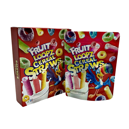 Two Mylar Bag packages of Fruit Loopz Cereal Straws on a white background