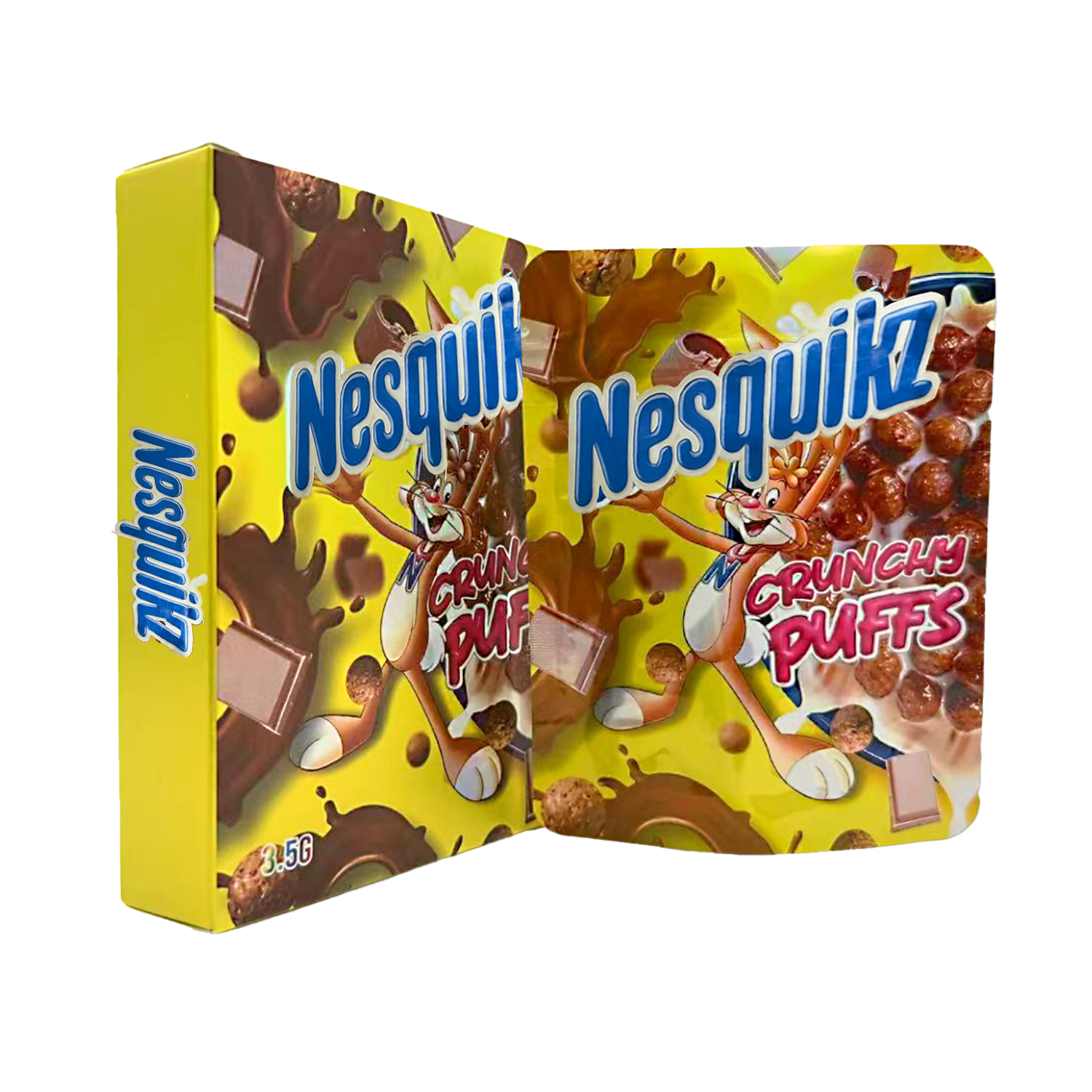 Mylar Bag Nesquik Crunchy Puffs cereal box packaging on a white background