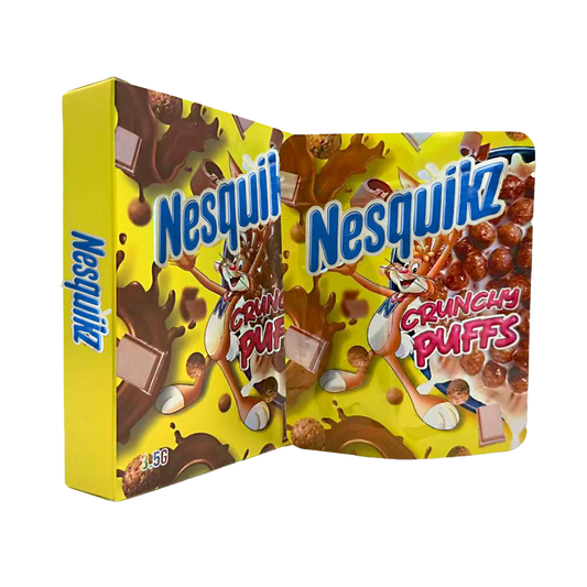 Mylar Bag Nesquik Crunchy Puffs cereal box packaging on a white background