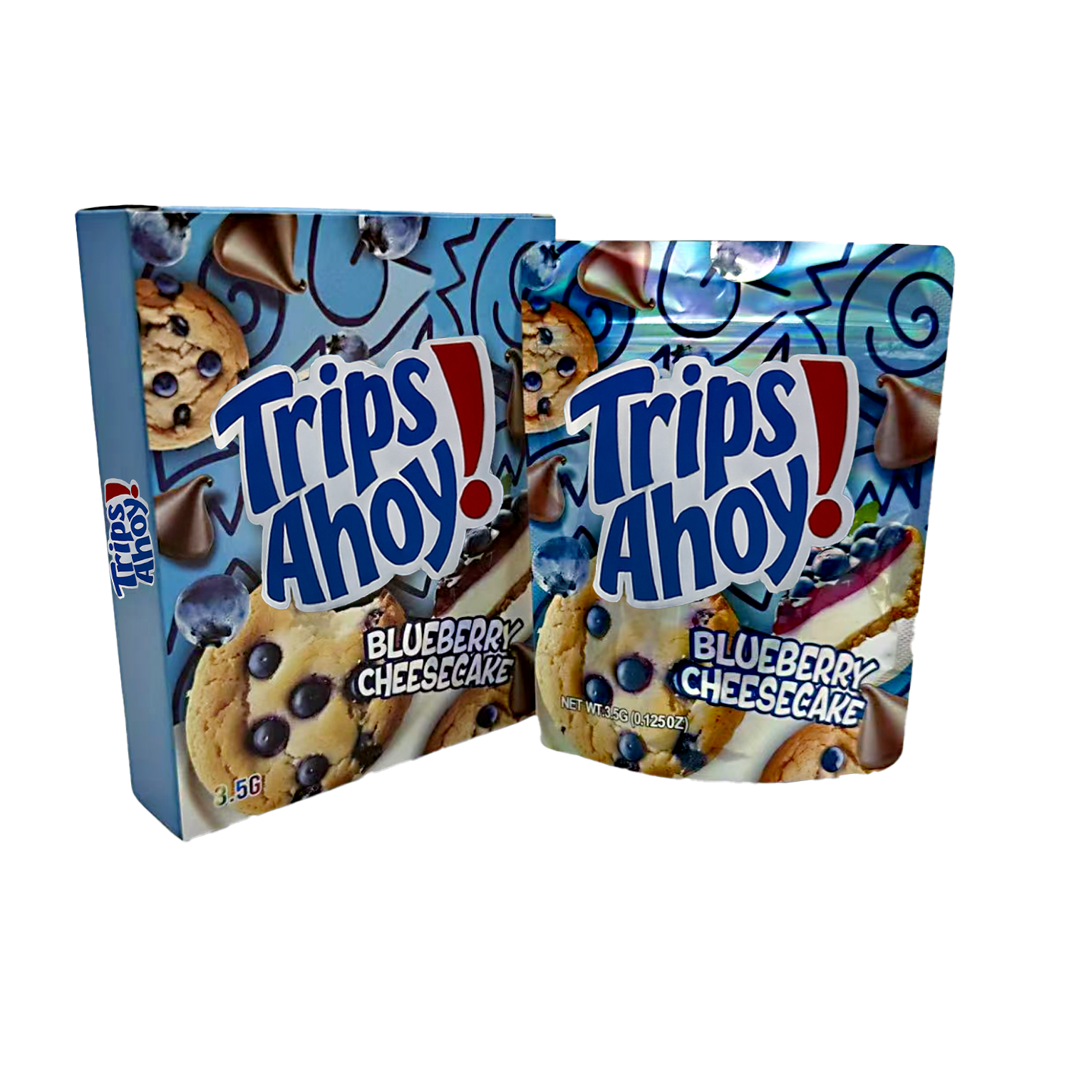Two Mylar Bags packages of Trips Ahoy Blueberry Cheesecake flavor on a white background