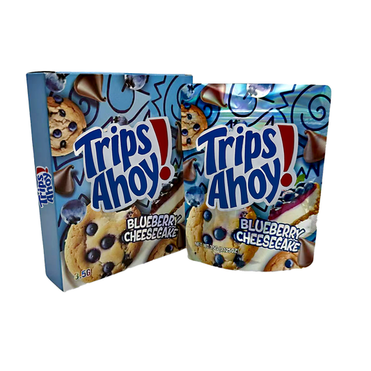 Two Mylar Bags packages of Trips Ahoy Blueberry Cheesecake flavor on a white background