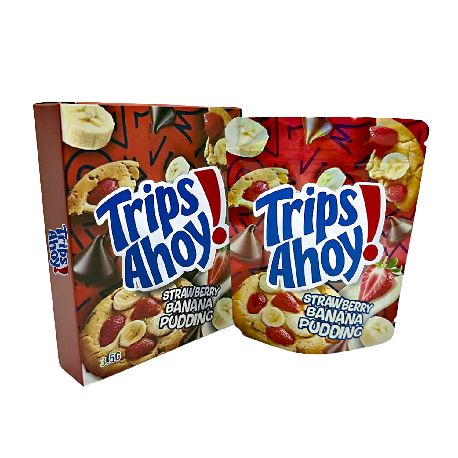 Two Mylar Bags  packages of Trips Ahoy! Strawberry Banana Pudding on a white background