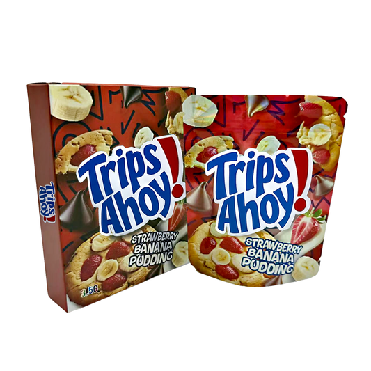Two Mylar Bags  packages of Trips Ahoy! Strawberry Banana Pudding on a white background