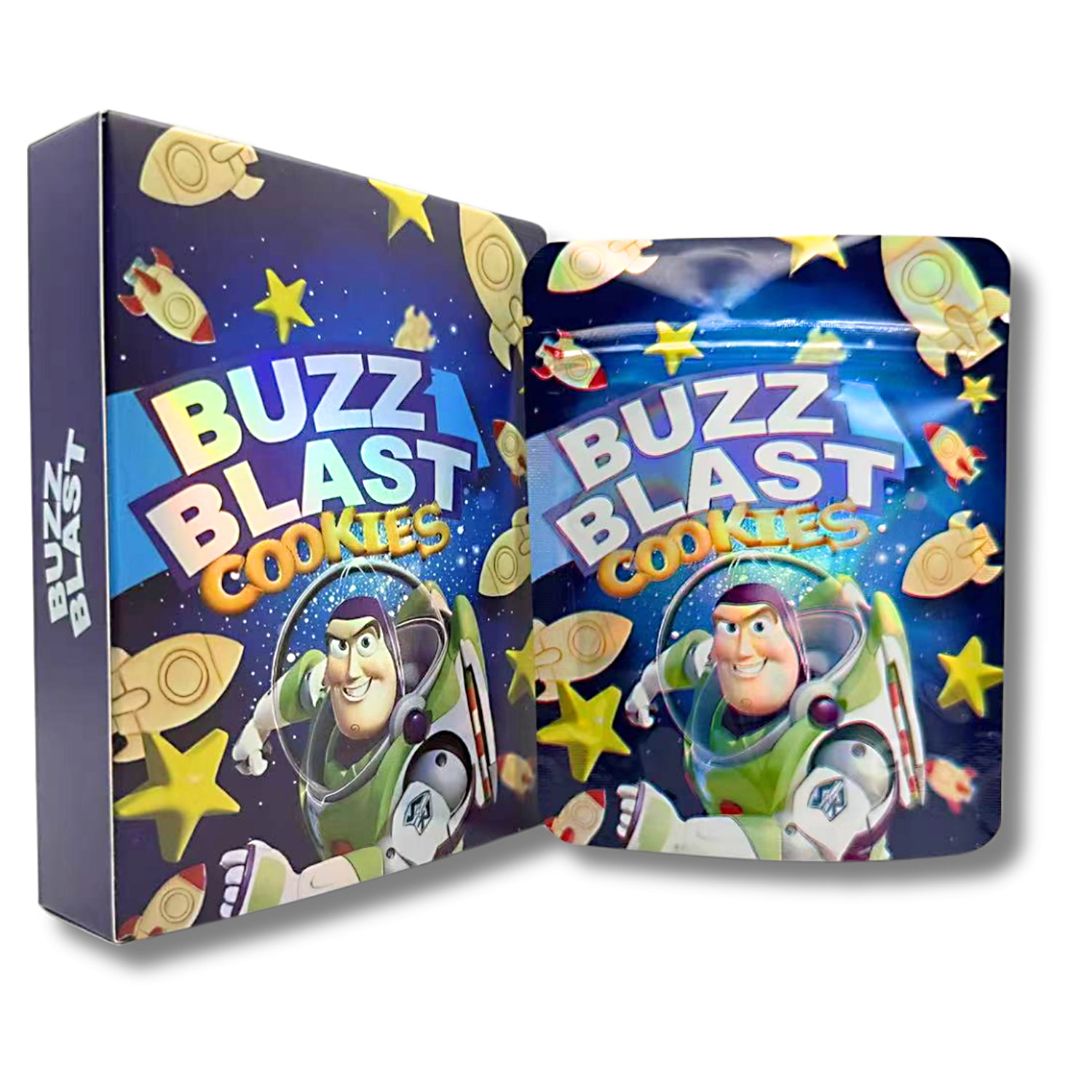 Mylar bags with box, herb Mylar Bags, Where to buy mylar bags, Custom mylar bags near me, Mylar Bags Wholesale. Buzz Blast Cookies packaging with Buzz Lightyear design on a white background