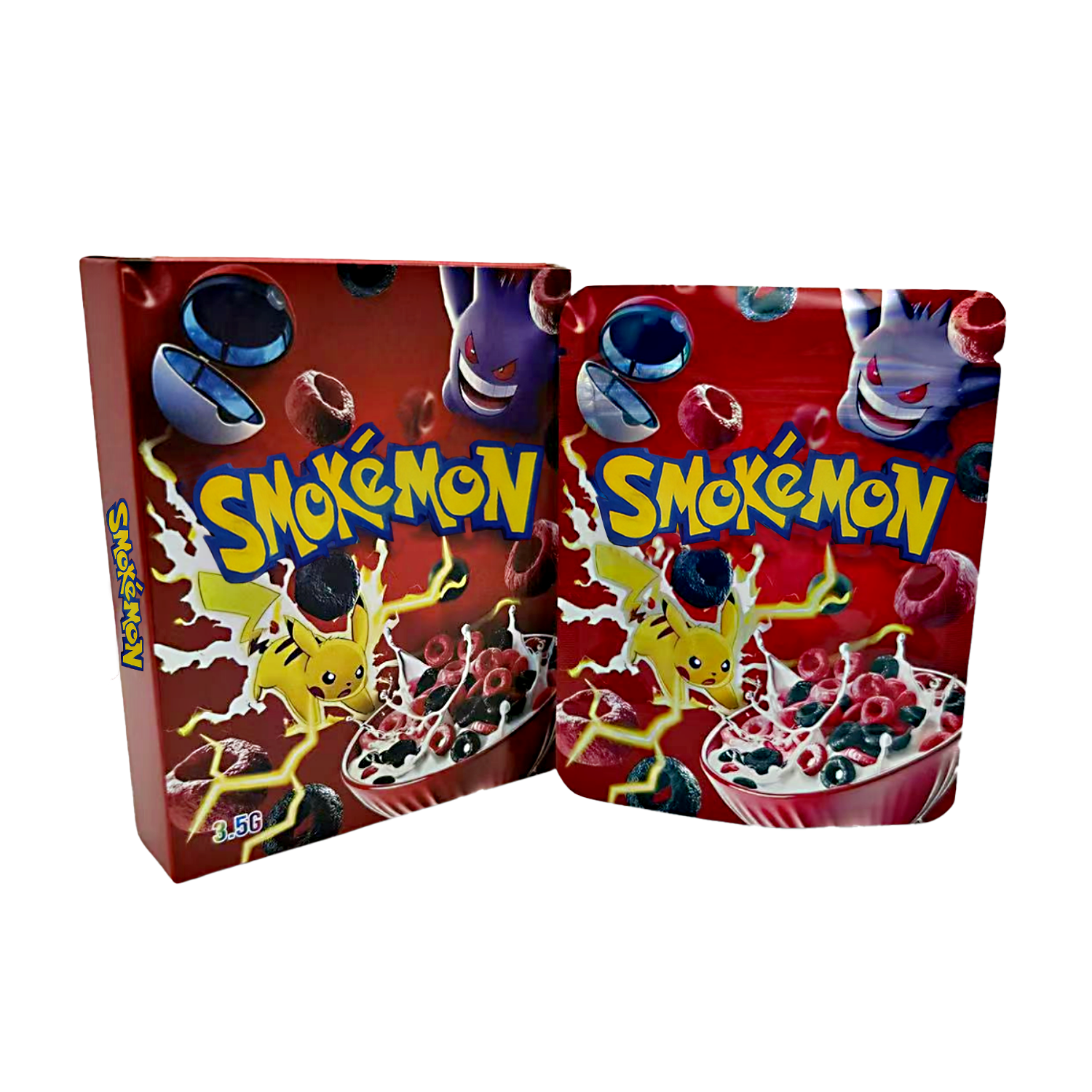 Mylar Bag Pokémon cereal boxes with colorful design and character illustrations on a white background