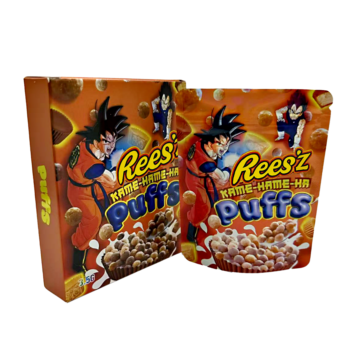 Two Mylar Bag packages of Rees' Kame-Hame-Ha Puffs featuring a character from Dragon Ball Z on a white background.