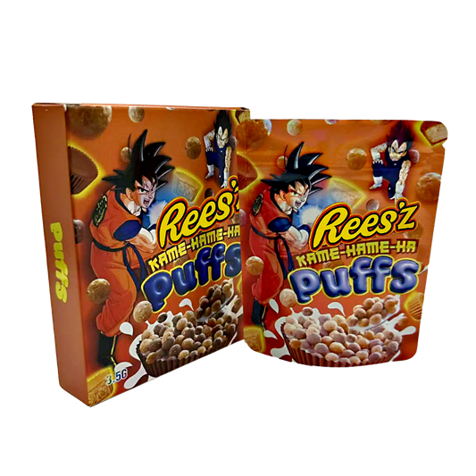 Two Mylar Bag packages of Rees' Kame-Hame-Ha Puffs featuring a character from Dragon Ball Z on a white background.