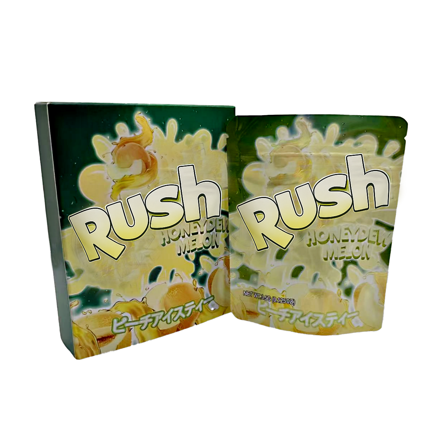 Two Mylar Bag packages of Rush Honeydew Melon candy on a white background