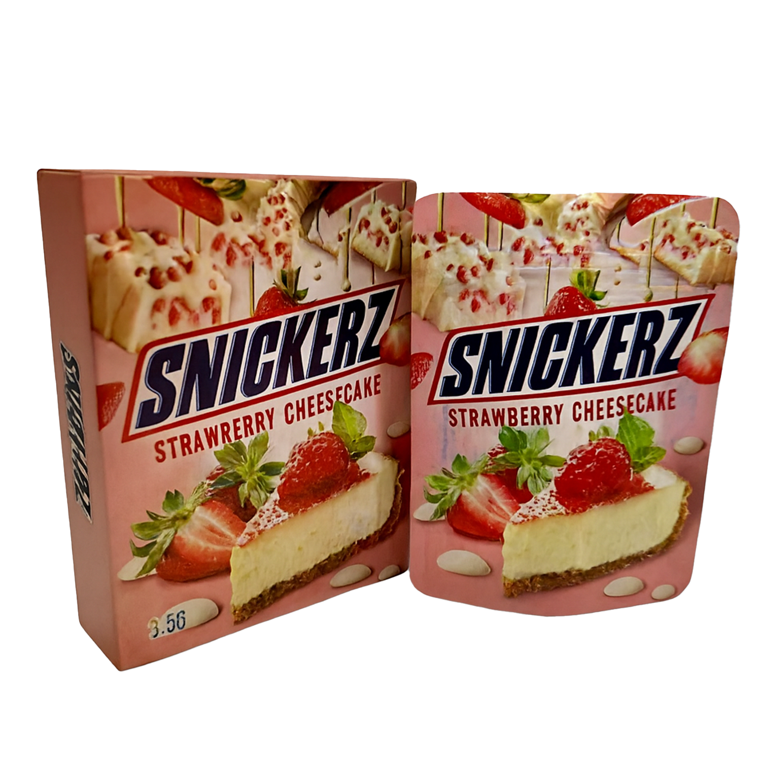 Mylar Bag Snickerz Strawberry Cheesecake packaging on a white background
