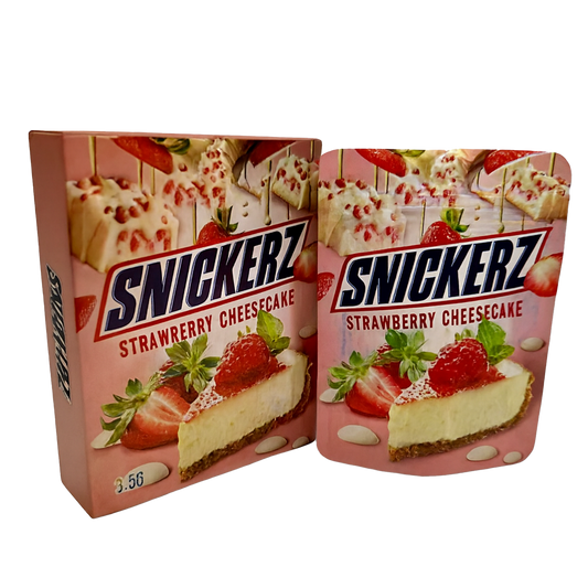 Mylar Bag Snickerz Strawberry Cheesecake packaging on a white background