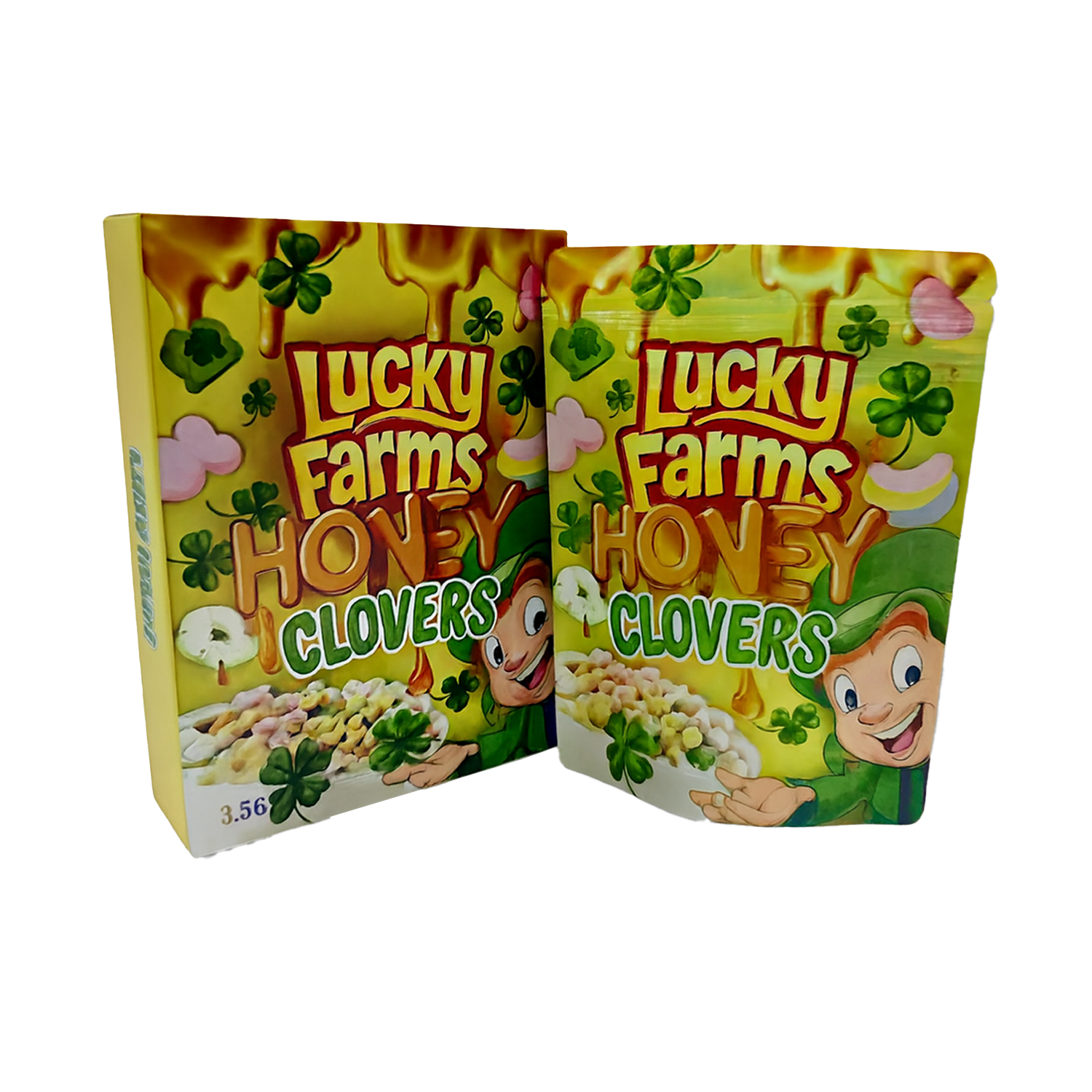 Two Mylar Bag packages of Lucky Farms Honey Clovers on a white background
