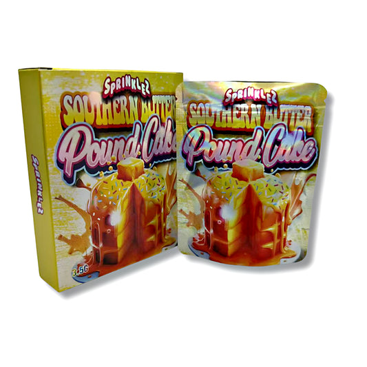 Mylar bags with box, herb Mylar Bags, Where to buy mylar bags, Custom mylar bags near me, Mylar Bags Wholesale. Two packages of Southern Butter Pound Cake with a yellow box and white bag on a white background.