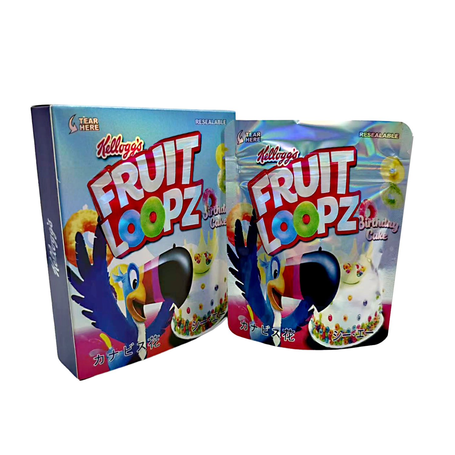 Two Mylar Bag packages of Kellogg's Fruit Loopz Birthday Cake flavor on a white background