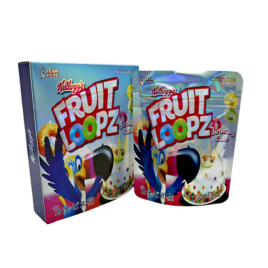 Two Mylar Bag packages of Kellogg's Fruit Loopz Birthday Cake flavor on a white background