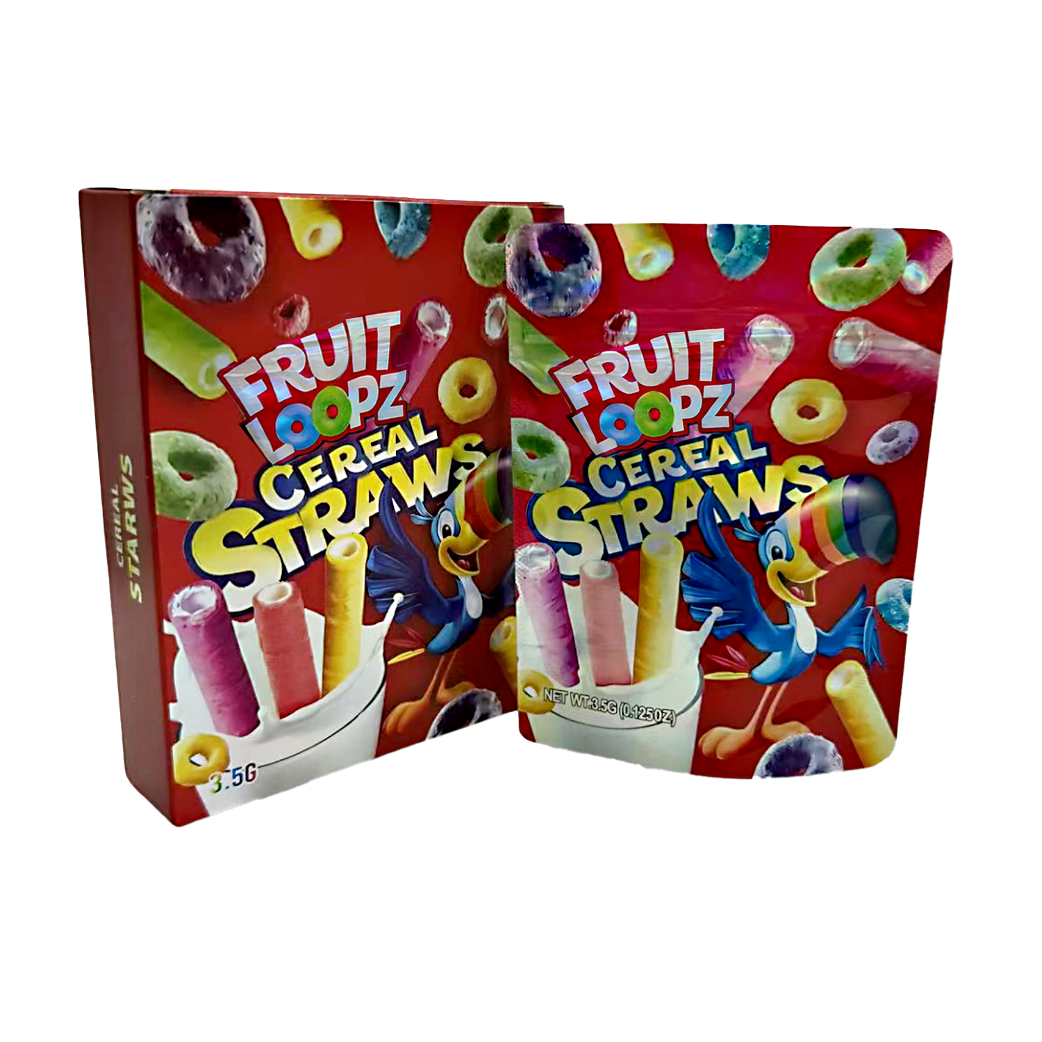 Mylar Bag Fruit Loopz Cereal Straws packaging on a white background
