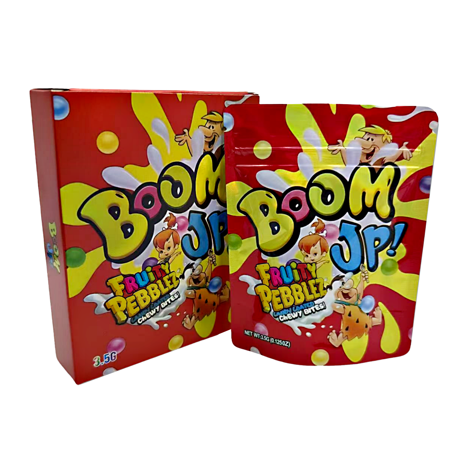 Mylar Bag Boom JP Fruity Pebbles candy box and bag on a white background