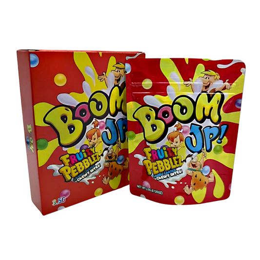 Mylar Bag Boom JP Fruity Pebbles candy box and bag on a white background