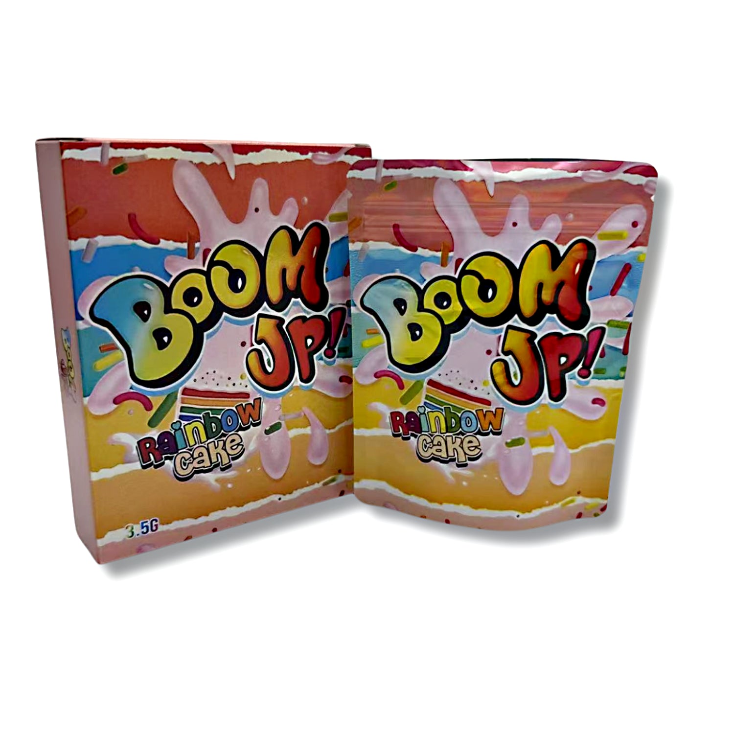 Mylar bags with box, herb Mylar Bags, Where to buy mylar bags, Custom mylar bags near me, Mylar Bags Wholesale. Two packages of Boom Up! Rainbow Cake candy on a white background