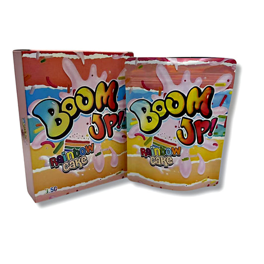Mylar bags with box, herb Mylar Bags, Where to buy mylar bags, Custom mylar bags near me, Mylar Bags Wholesale. Two packages of Boom Up! Rainbow Cake candy on a white background