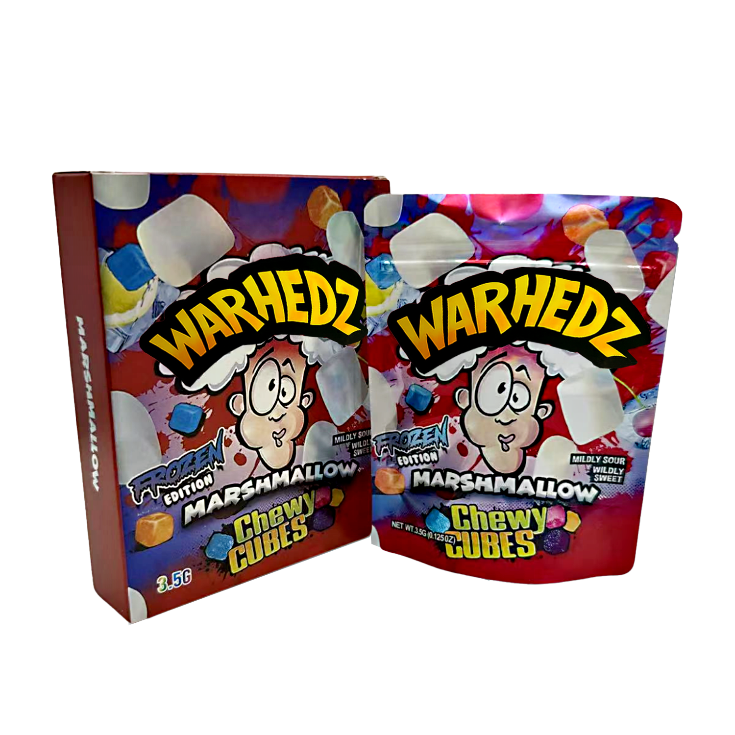 Two Mylar Bag packages of Warhedz chewy cubes with colorful packaging on a white background