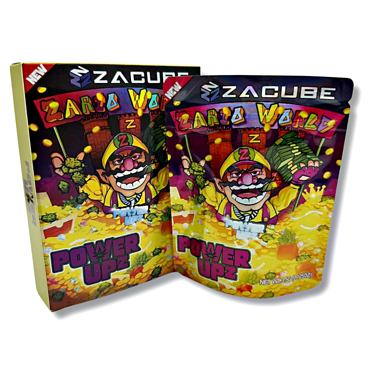 Mylar bags with box, herb Mylar Bags, Where to buy mylar bags, Custom mylar bags near me, Mylar Bags Wholesale. Zacube 'Power Upz' candy packaging with colorful design and character illustration.