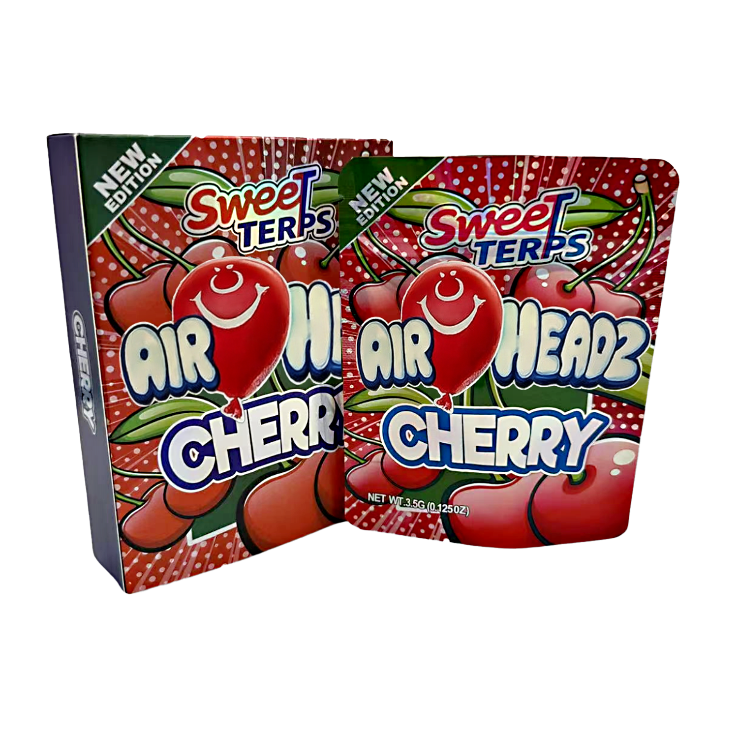Two Mylar Bag packages of Sweet Terps Air Headz Cherry candy on a white background