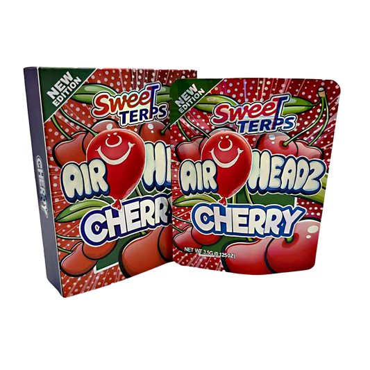 Two Mylar Bag packages of Sweet Terps Air Headz Cherry candy on a white background