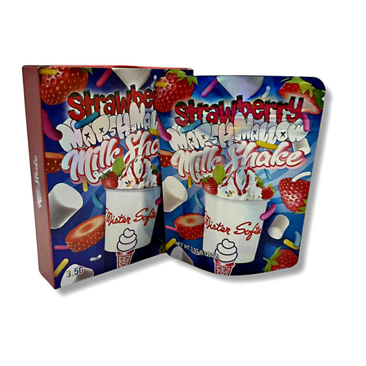 Mylar bags with box, herb Mylar Bags, Where to buy mylar bags, Custom mylar bags near me, Mylar Bags Wholesale. Strawberry milkshake packaging with colorful design on a white background