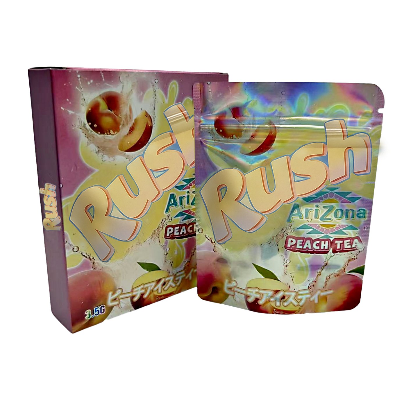 Mylar Bag Arizona Peach Tea Rush packaging with colorful design on a white background