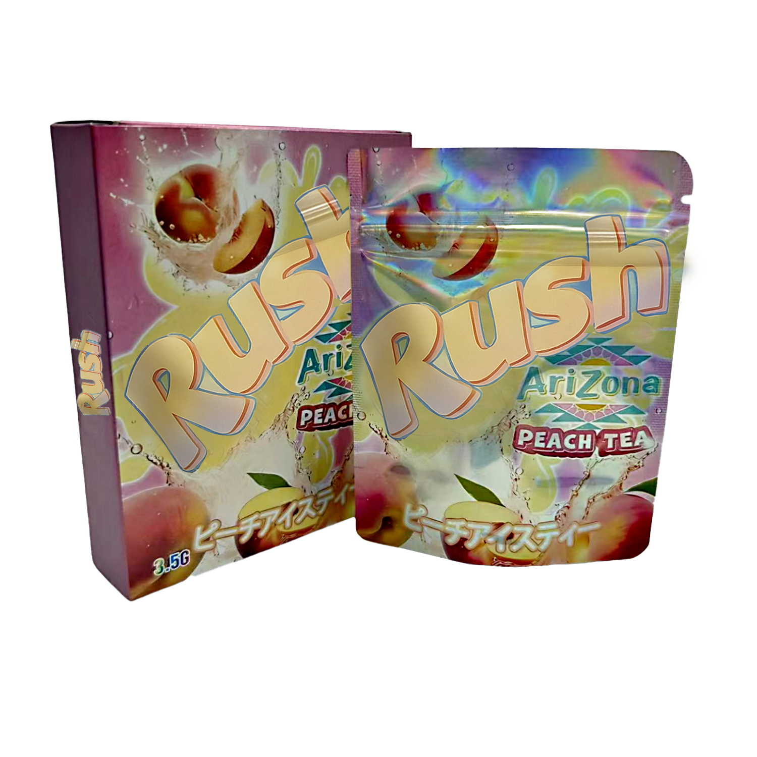Mylar Bag Arizona Peach Tea Rush packaging with colorful design on a white background