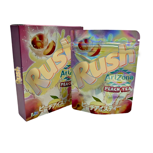 Mylar Bag Arizona Peach Tea Rush packaging with colorful design on a white background