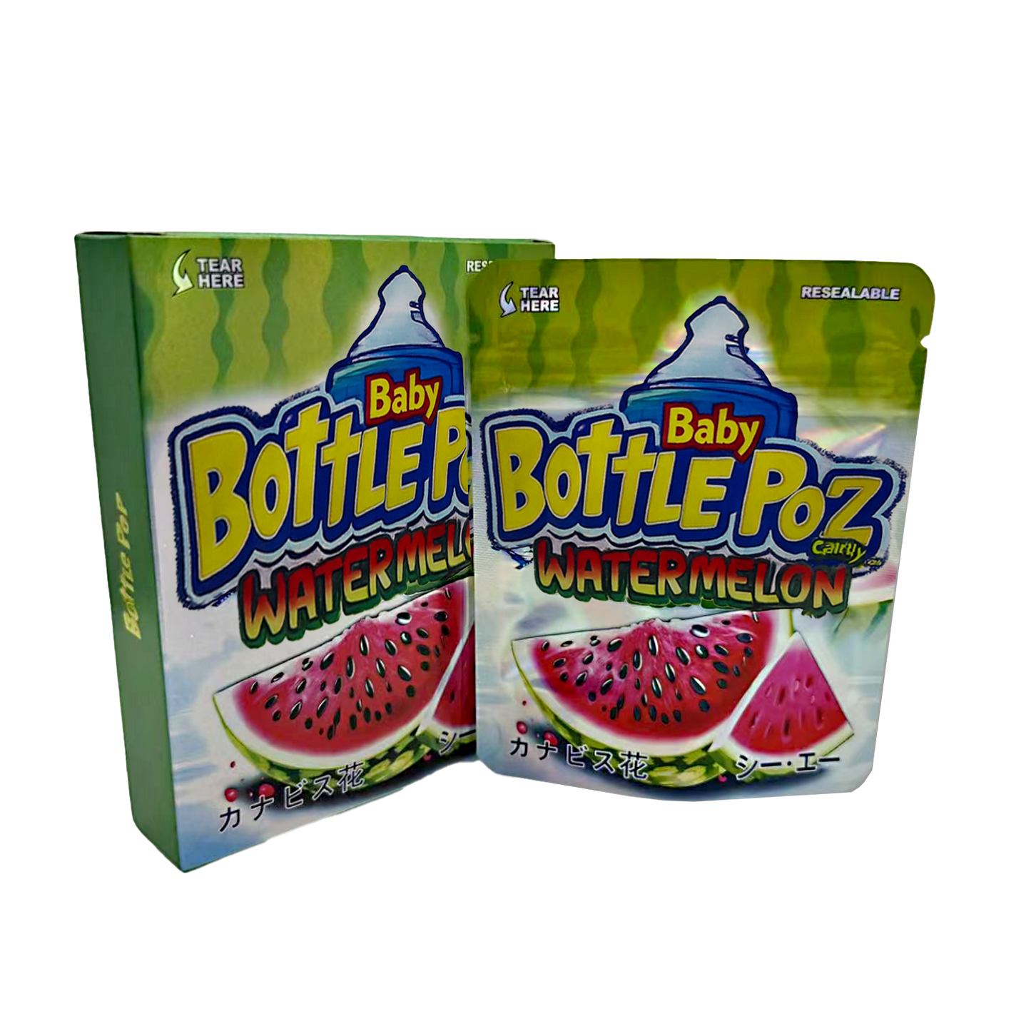 Two Mylar Bag packages of Baby Bottle Poz Watermelon candy on a white background