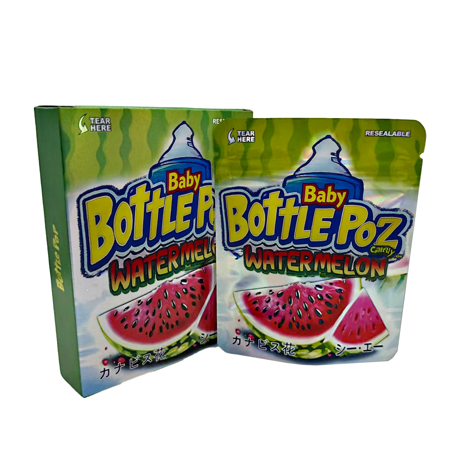 Two Mylar Bag packages of Baby Bottle Poz Watermelon candy on a white background