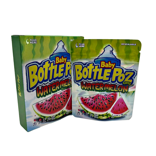 Two Mylar Bag packages of Baby Bottle Poz Watermelon candy on a white background