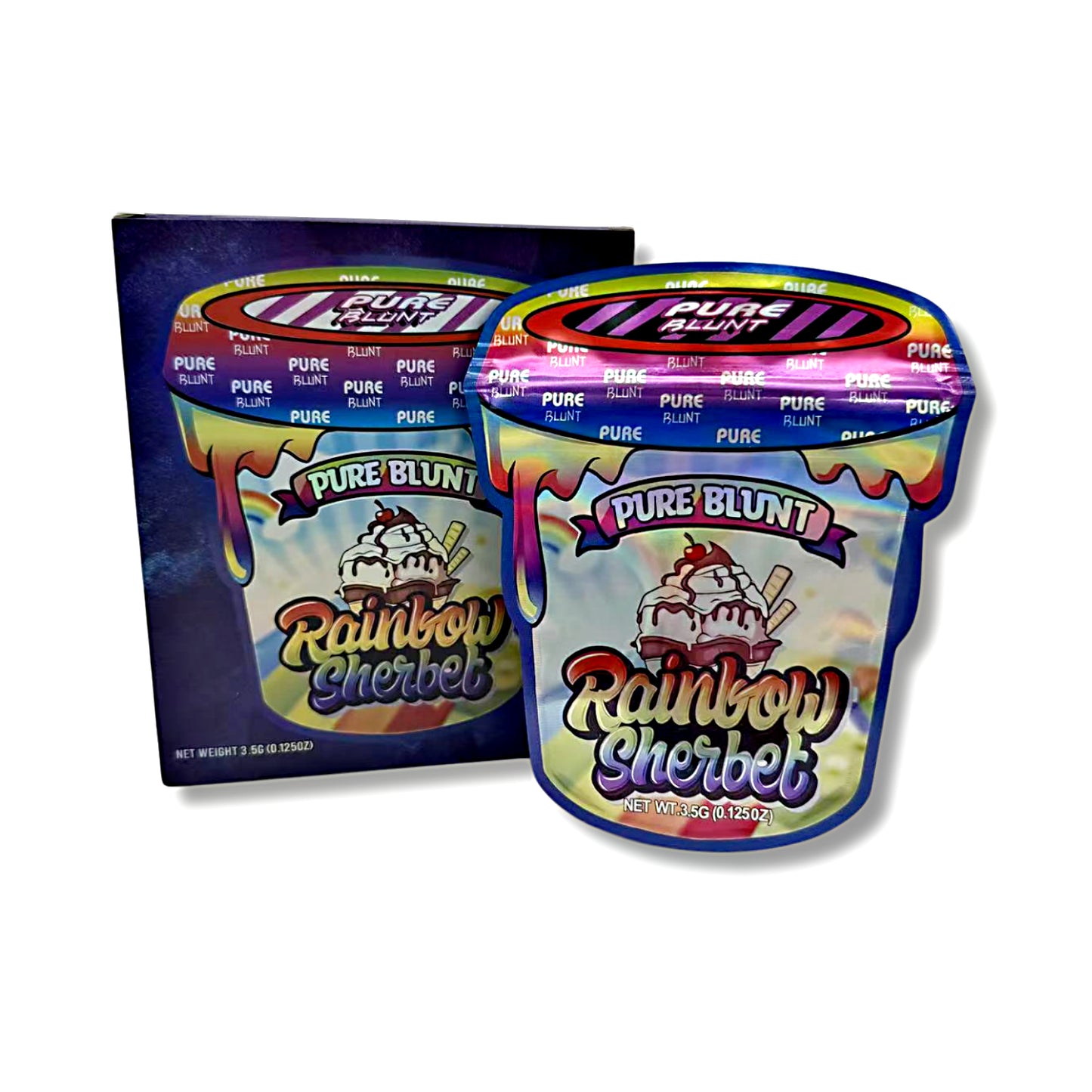 Mylar bags with box, Cannabis Mylar Bags, Where to buy mylar bags, Custom mylar bags near me, Mylar Bags Wholesale. Two packages of Pure Blunt Rainbow Sherbet on a white background