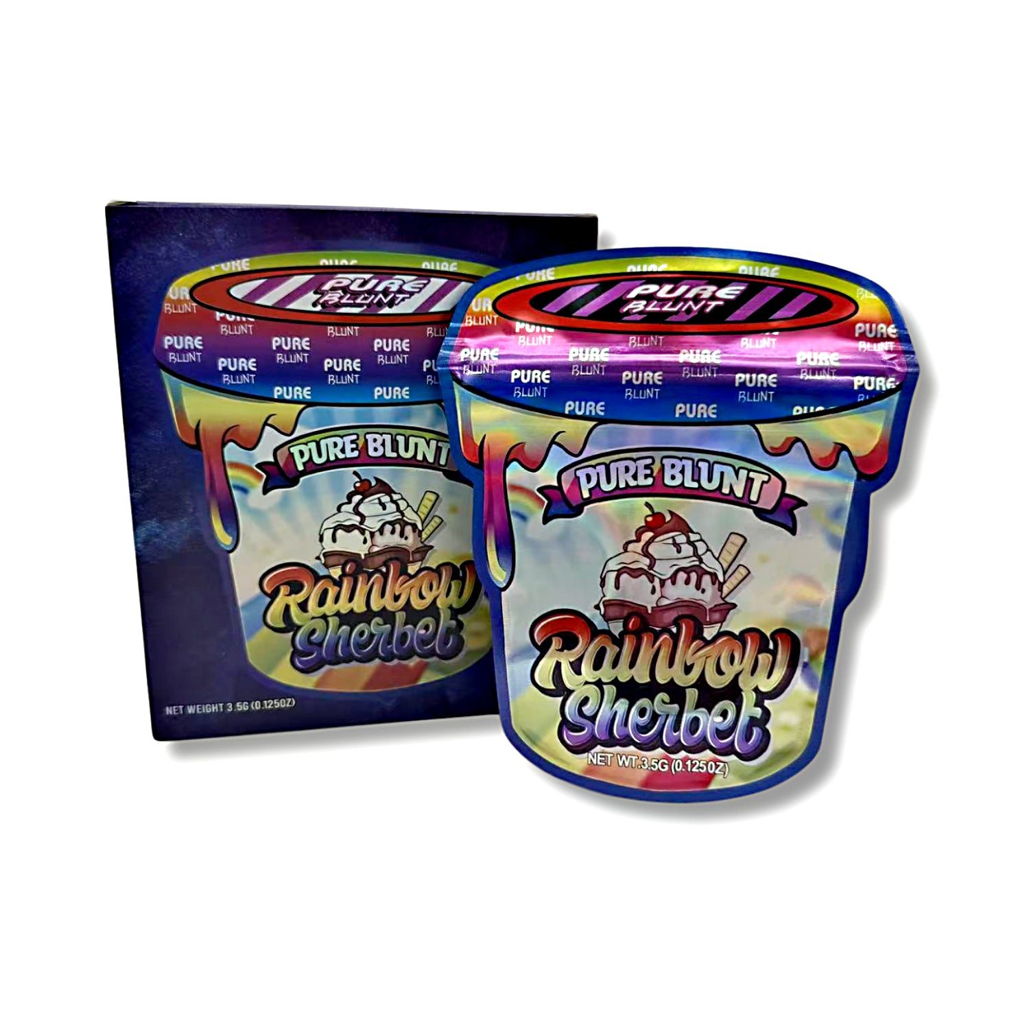 Mylar bags with box, herb Mylar Bags, Where to buy mylar bags, Custom mylar bags near me, Mylar Bags Wholesale. Two packages of Pure Blunt Rainbow Sherbet on a white background