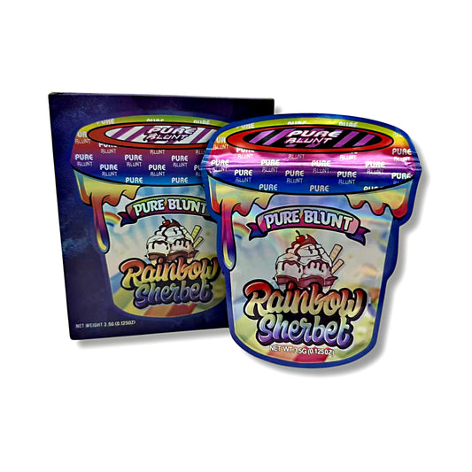Mylar bags with box, herb Mylar Bags, Where to buy mylar bags, Custom mylar bags near me, Mylar Bags Wholesale. Two packages of Pure Blunt Rainbow Sherbet on a white background