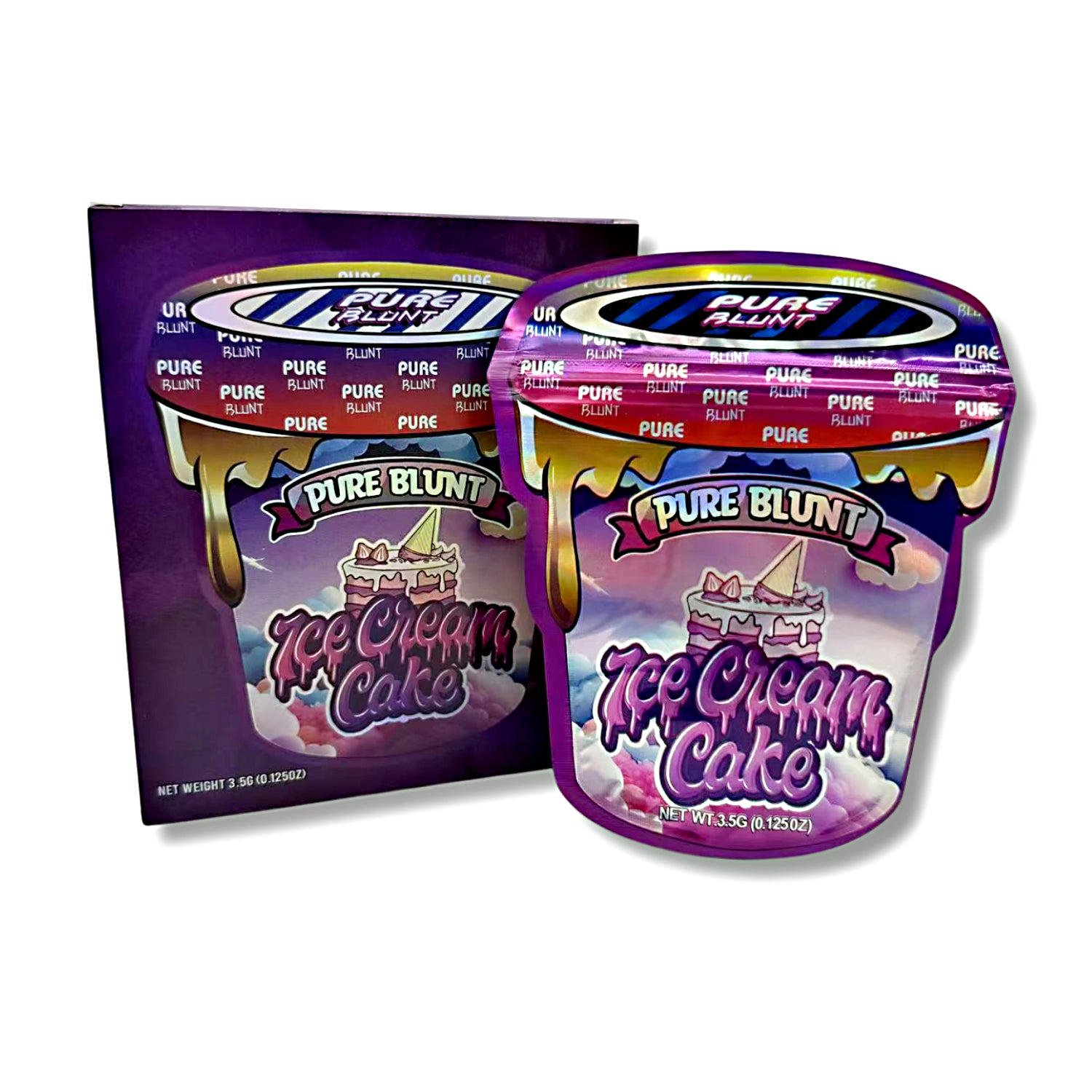 Mylar bags with box, herb Mylar Bags, Where to buy mylar bags, Custom mylar bags near me, Mylar Bags Wholesale.Two containers of Pure Blunt Ice Cream Cake flavor on a white background