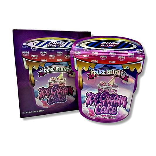 Mylar bags with box, herb Mylar Bags, Where to buy mylar bags, Custom mylar bags near me, Mylar Bags Wholesale.Two containers of Pure Blunt Ice Cream Cake flavor on a white background