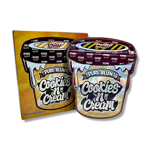 Mylar bags with box, herb Mylar Bags, Where to buy mylar bags, Custom mylar bags near me, Mylar Bags Wholesale.Two containers of Pure Blunt Cookies 'N Cream ice cream with a box in the background.