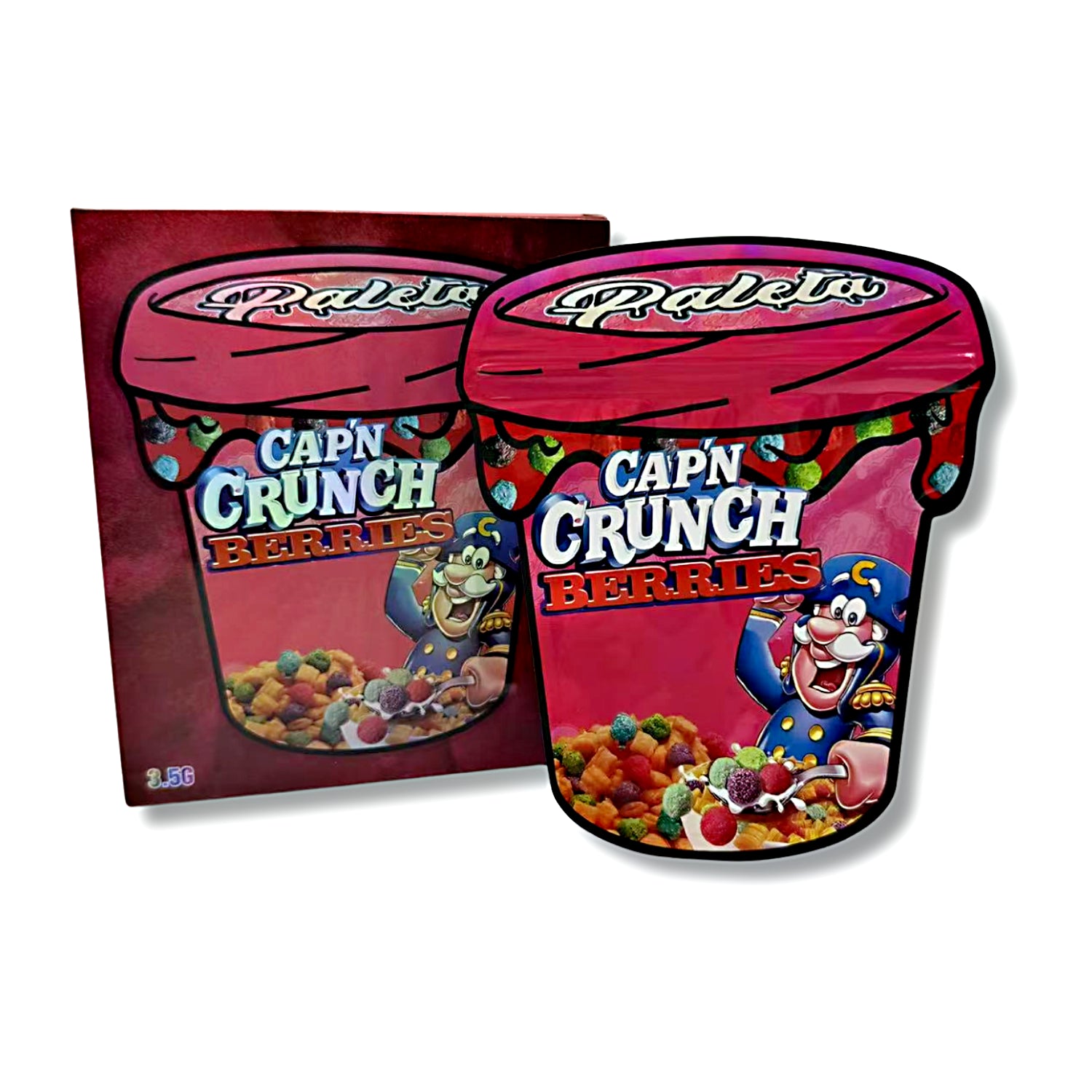Mylar bags with box, herb Mylar Bags, Where to buy mylar bags, Custom mylar bags near me, Mylar Bags Wholesale.Cap'n Crunch Berries cereal container with red lid on a white background
