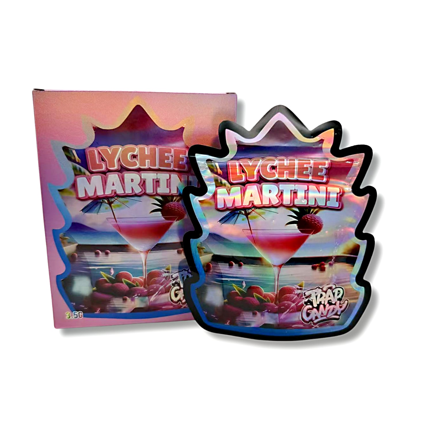 Mylar bags with box, herb Mylar Bags, Where to buy mylar bags, Custom mylar bags near me, Mylar Bags Wholesale.Packaging of Lychee Martini candy with colorful design on a white background