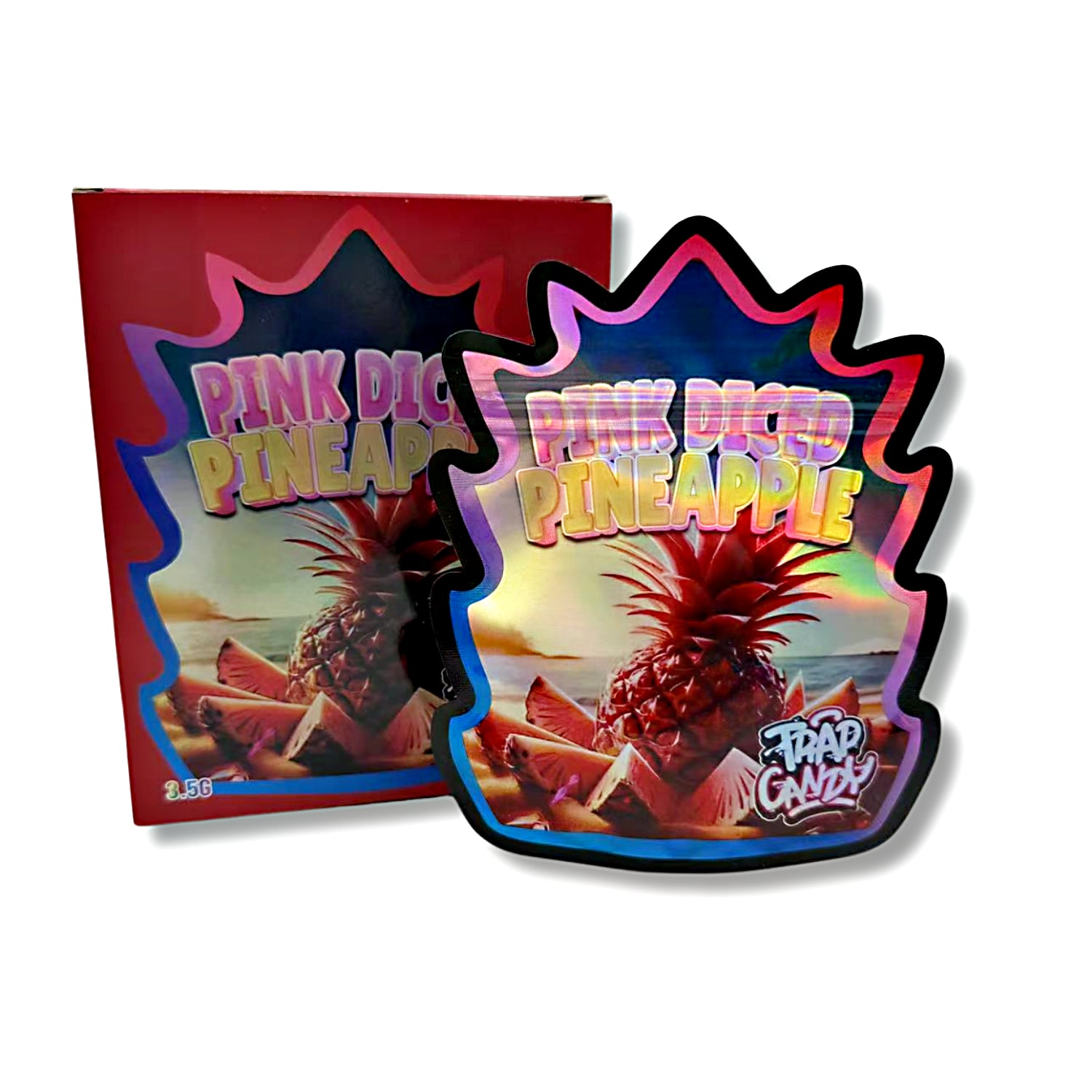 Mylar bags with box, herb Mylar Bags, Where to buy mylar bags, Custom mylar bags near me, Mylar Bags Wholesale.Pink Diced Pineapple packaging with colorful design on a white background
